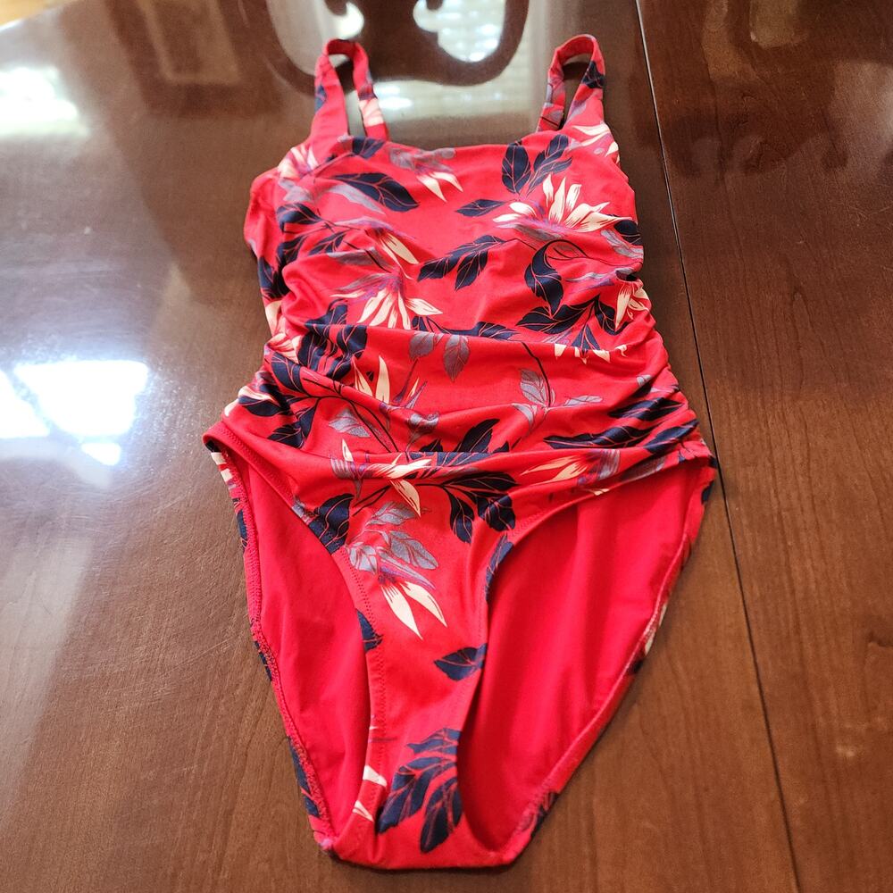 Athleta Red Floral Ruched One Piece Swimsuit Sz M